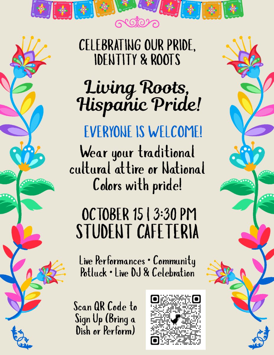 Colorful flyer for Newtown High School's "Living Roots, Hispanic Pride!" celebration on October 15 in the Student Cafeteria, featuring cultural attire, live performances, a community potluck, a live DJ, and a QR code for sign-ups.